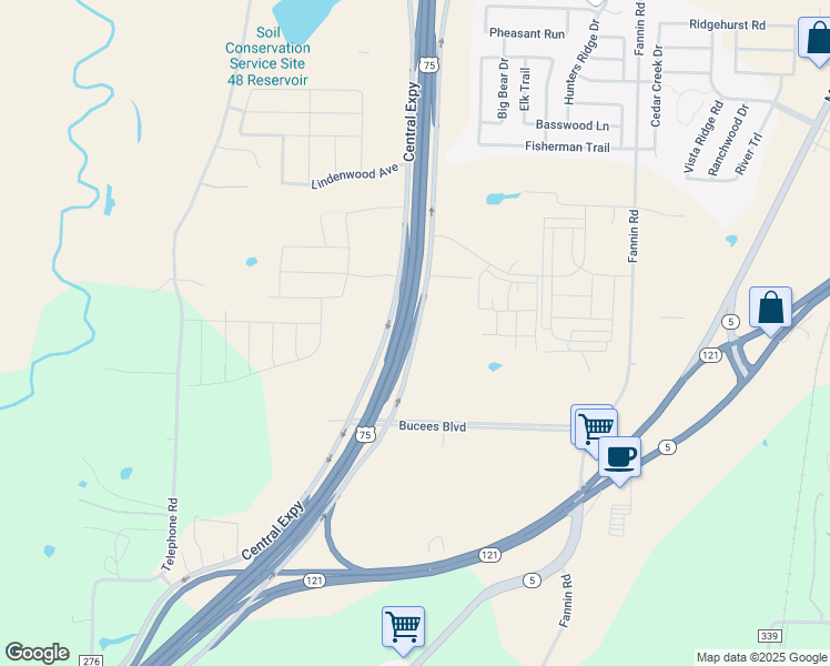map of restaurants, bars, coffee shops, grocery stores, and more near 4948-4962 Central Expressway in Melissa