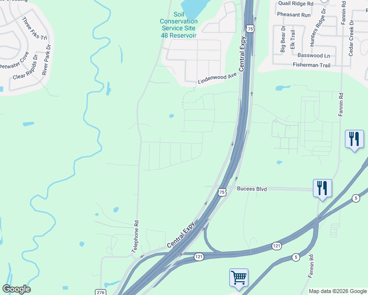 map of restaurants, bars, coffee shops, grocery stores, and more near 4728 County Road 277 in Melissa