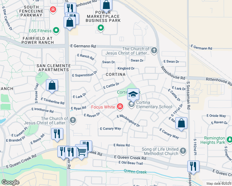 map of restaurants, bars, coffee shops, grocery stores, and more near 18683 East Ryan Road in Queen Creek