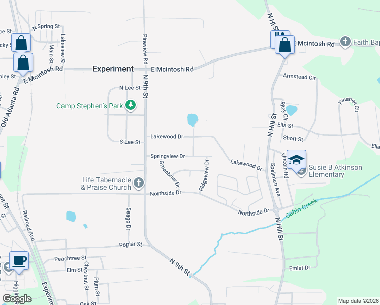 map of restaurants, bars, coffee shops, grocery stores, and more near 401 Springview Drive in Griffin