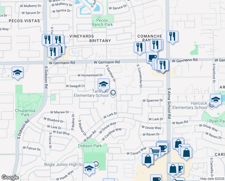 map of restaurants, bars, coffee shops, grocery stores, and more near 1479 West Swan Court in Chandler