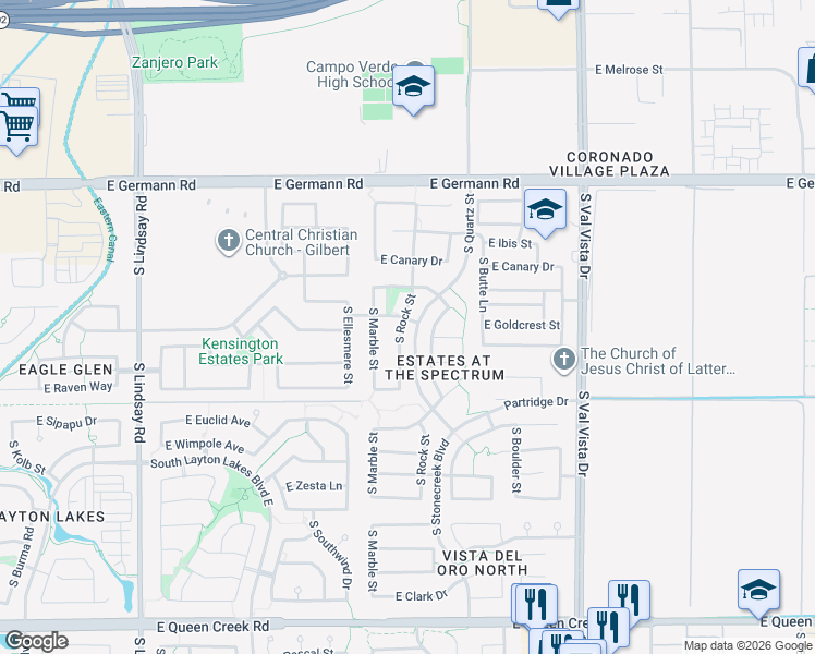 map of restaurants, bars, coffee shops, grocery stores, and more near 4263 South Rock Street in Gilbert