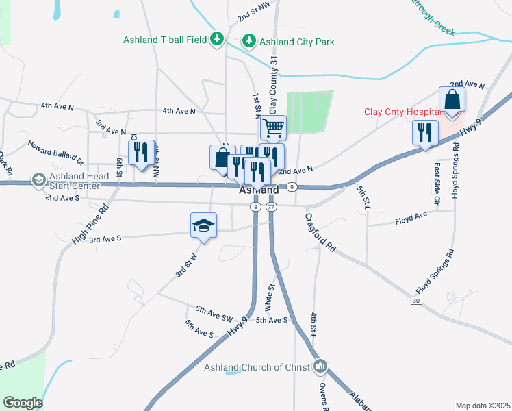 map of restaurants, bars, coffee shops, grocery stores, and more near 83066 Alabama 9 in Ashland