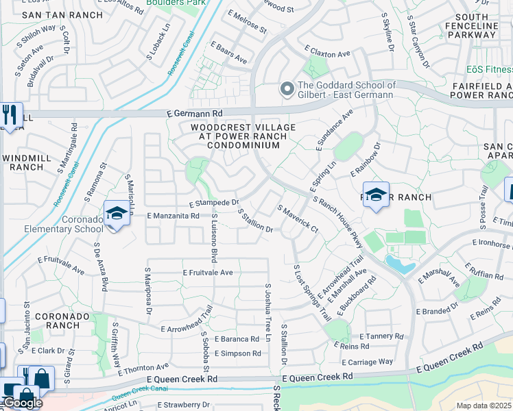 map of restaurants, bars, coffee shops, grocery stores, and more near 3952 East Timberline Road in Gilbert