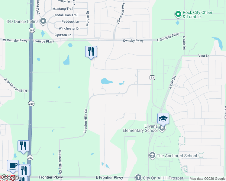 map of restaurants, bars, coffee shops, grocery stores, and more near 3863 Preston Hills Cir in Celina