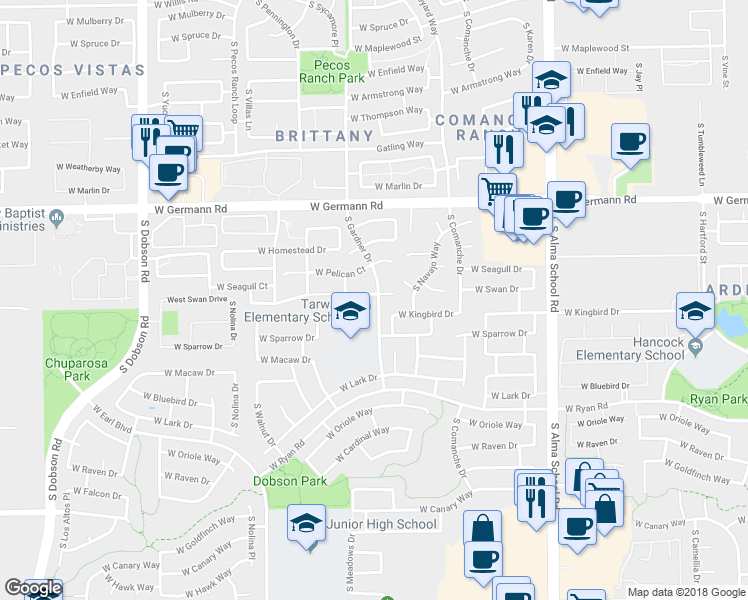 map of restaurants, bars, coffee shops, grocery stores, and more near 1447 West Swan Court in Chandler