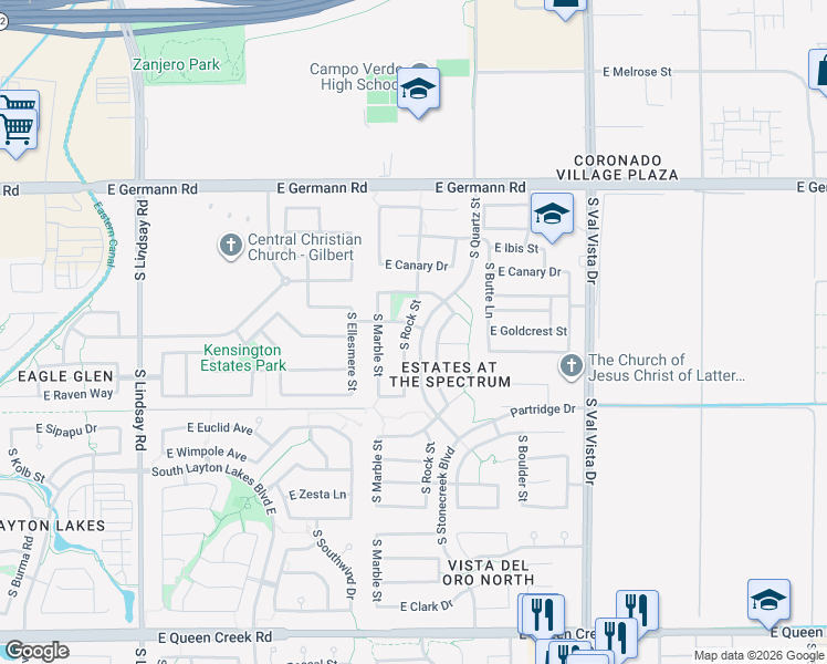 map of restaurants, bars, coffee shops, grocery stores, and more near 4263 South Rock Street in Gilbert