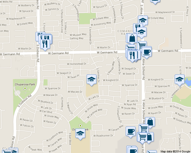 map of restaurants, bars, coffee shops, grocery stores, and more near 1479 West Swan Court in Chandler