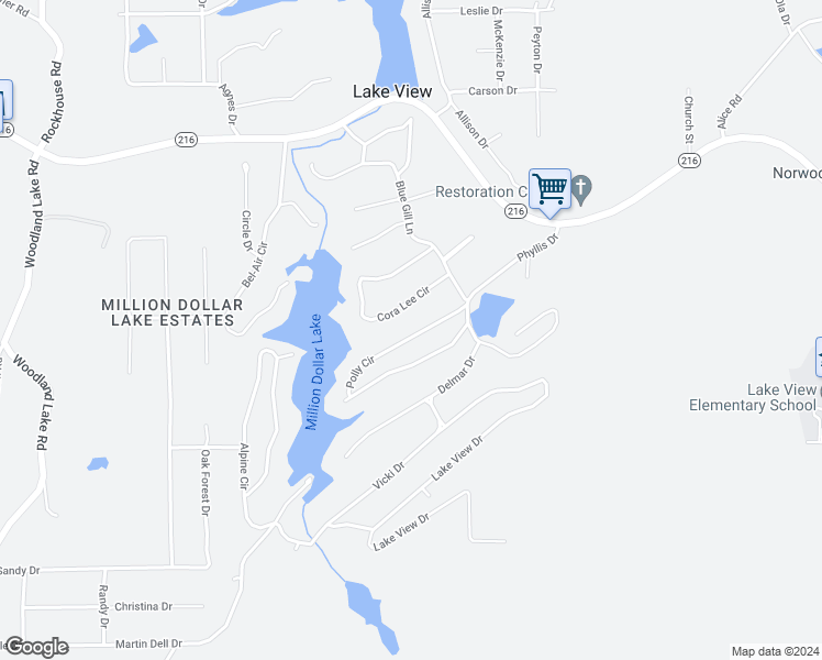 map of restaurants, bars, coffee shops, grocery stores, and more near 21206 Polly Circle in Lake View