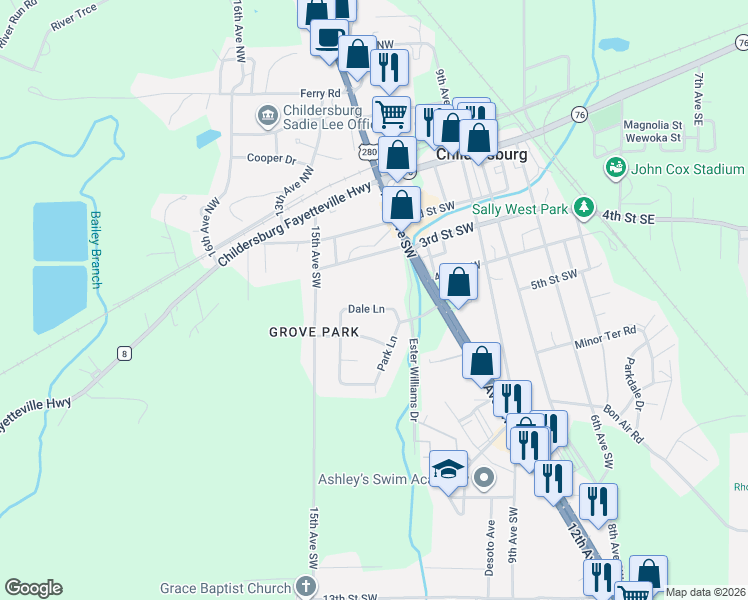 map of restaurants, bars, coffee shops, grocery stores, and more near 112 Dale Lane in Childersburg
