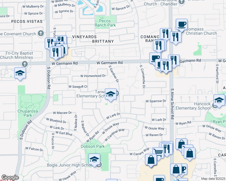 map of restaurants, bars, coffee shops, grocery stores, and more near 1479 West Swan Court in Chandler