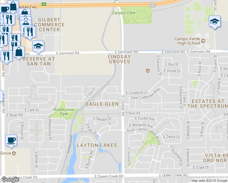map of restaurants, bars, coffee shops, grocery stores, and more near 740 East lovebird Lane in Gilbert