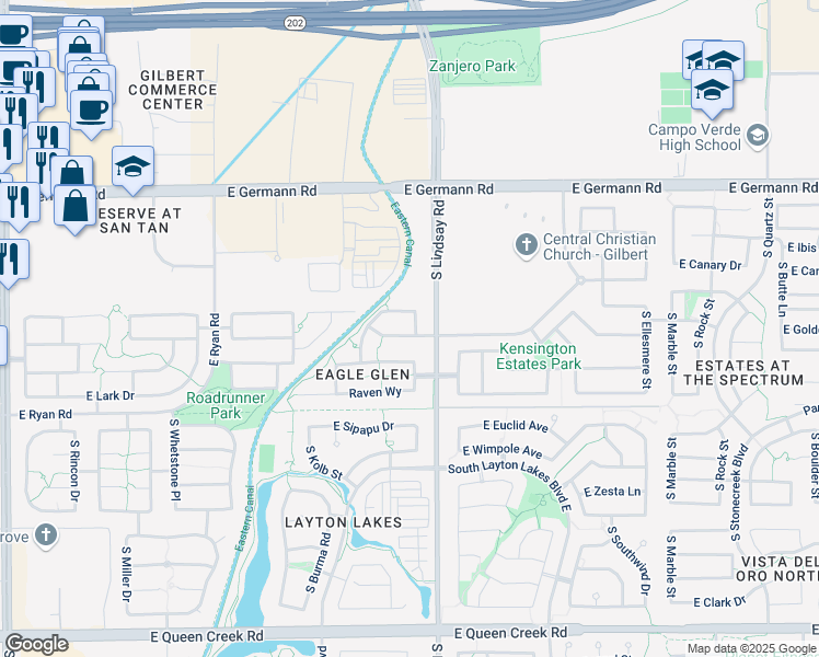 map of restaurants, bars, coffee shops, grocery stores, and more near 740 East lovebird Lane in Gilbert