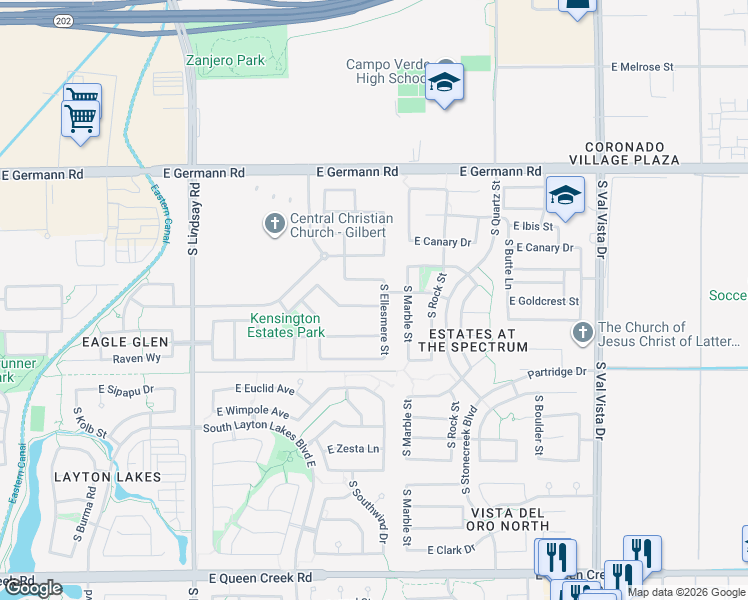 map of restaurants, bars, coffee shops, grocery stores, and more near 1162 East Kensington Road in Gilbert
