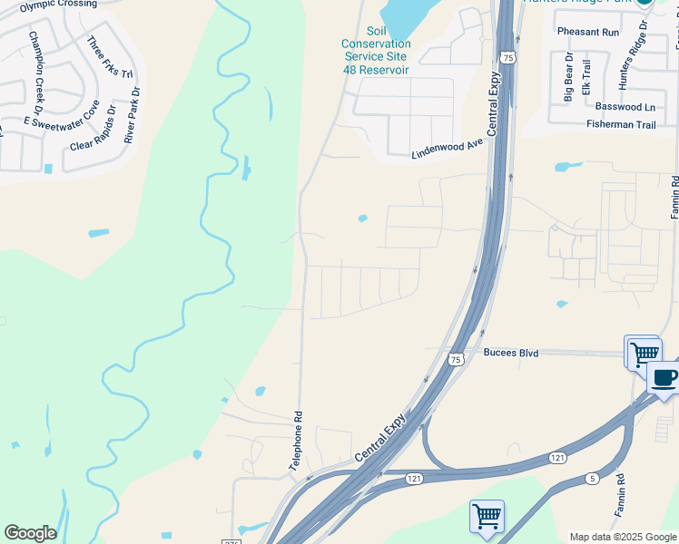 map of restaurants, bars, coffee shops, grocery stores, and more near 4728 County Road 277 in Melissa