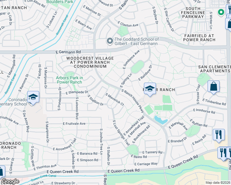 map of restaurants, bars, coffee shops, grocery stores, and more near 4067 East Wagon Court in Gilbert