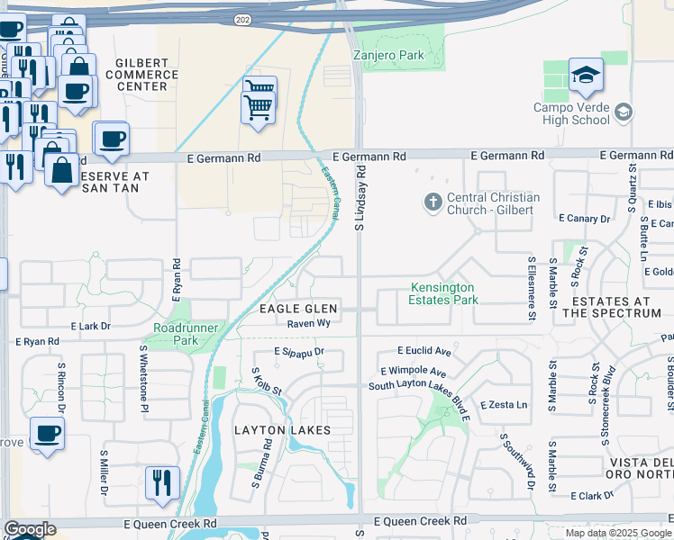 map of restaurants, bars, coffee shops, grocery stores, and more near 740 East lovebird Lane in Gilbert