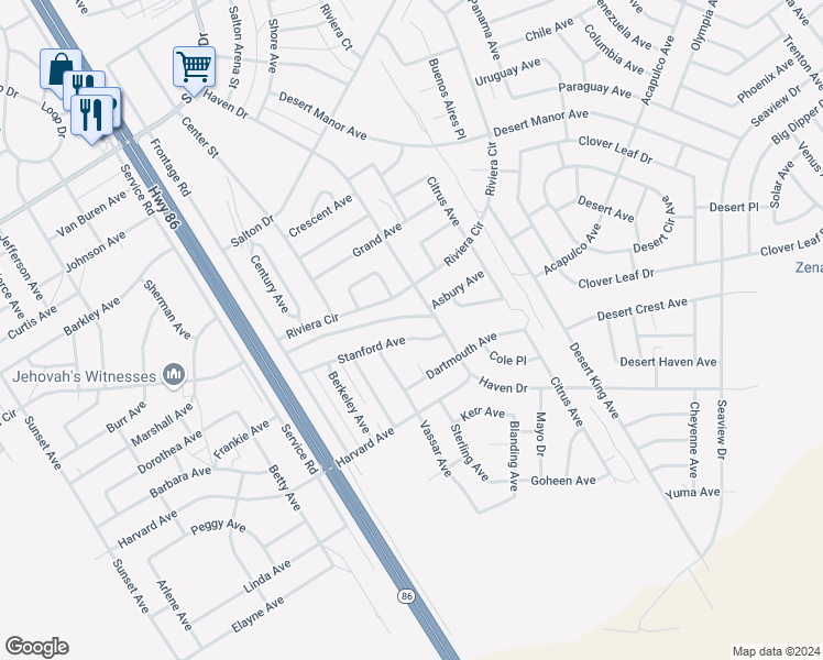 map of restaurants, bars, coffee shops, grocery stores, and more near 1102 Stanford Avenue in Thermal