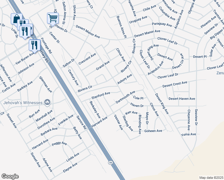 map of restaurants, bars, coffee shops, grocery stores, and more near 1102 Stanford Avenue in Thermal