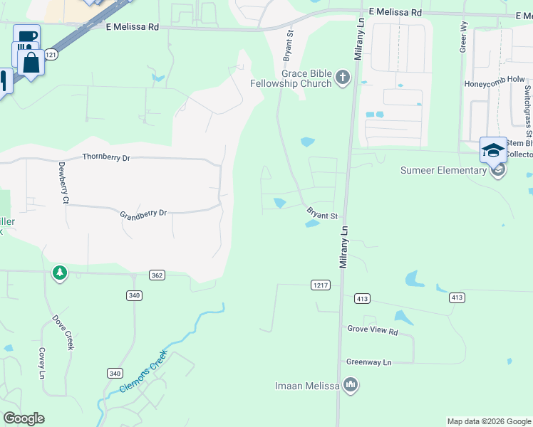 map of restaurants, bars, coffee shops, grocery stores, and more near 1801 Bryant Street in Melissa