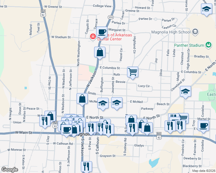 map of restaurants, bars, coffee shops, grocery stores, and more near 420 Magnolia in Magnolia