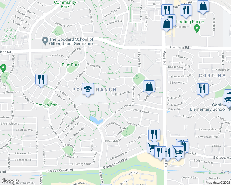 map of restaurants, bars, coffee shops, grocery stores, and more near 4500 East Cavalry Drive in Gilbert