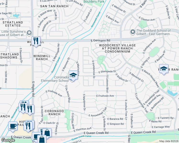 map of restaurants, bars, coffee shops, grocery stores, and more near 3682 East Stampede Drive in Gilbert