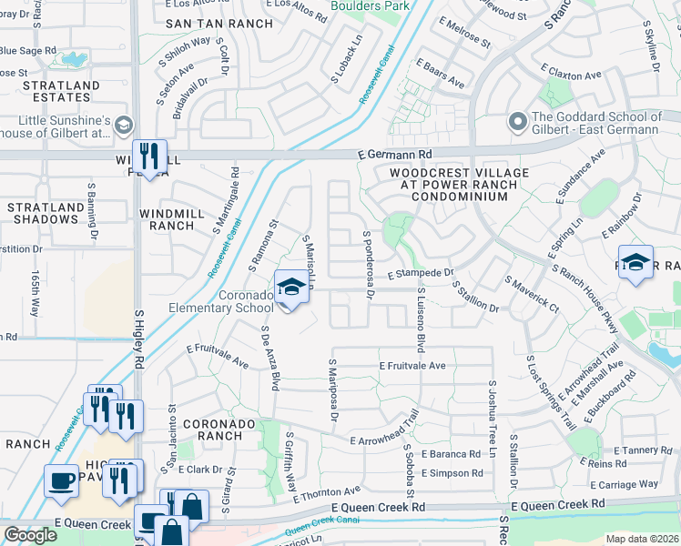 map of restaurants, bars, coffee shops, grocery stores, and more near 3652 East Stampede Drive in Gilbert