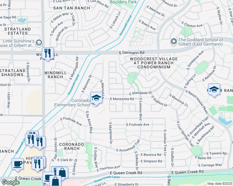 map of restaurants, bars, coffee shops, grocery stores, and more near 3674 East Stampede Drive in Gilbert