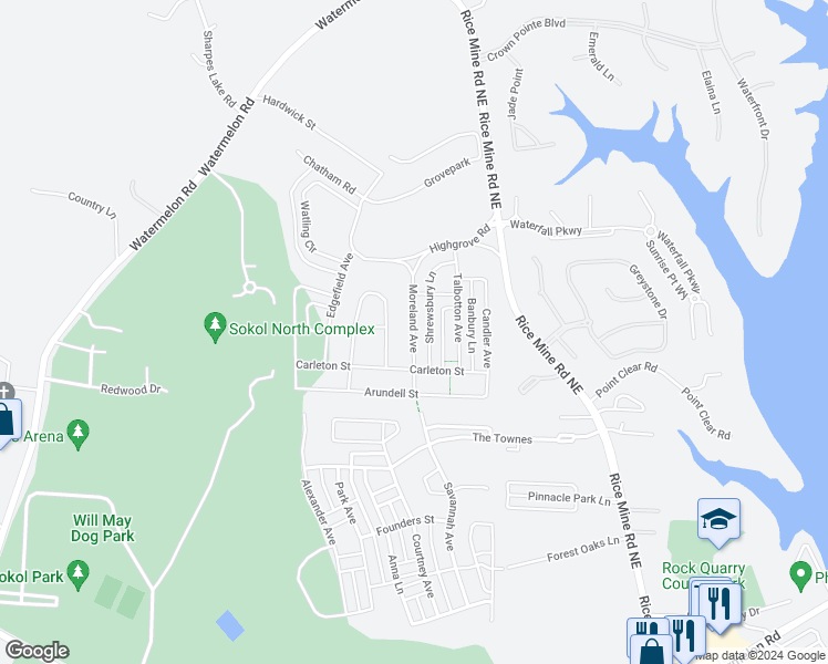 map of restaurants, bars, coffee shops, grocery stores, and more near Moreland Avenue in Tuscaloosa