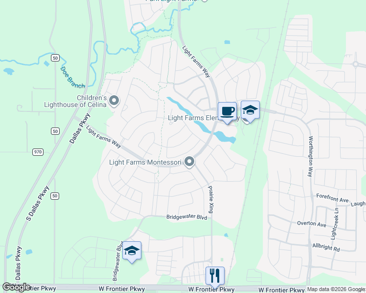 map of restaurants, bars, coffee shops, grocery stores, and more near 1326 Cottonwood Drive in Celina