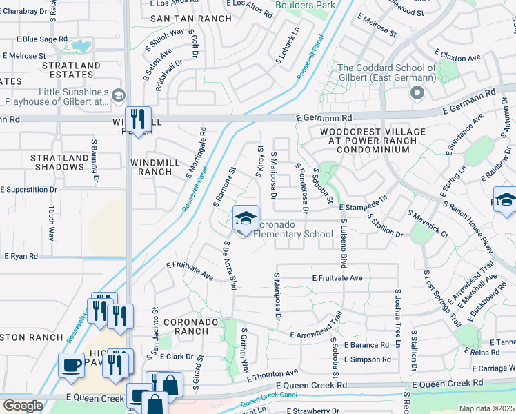 map of restaurants, bars, coffee shops, grocery stores, and more near 3564 East Cabrillo Court in Gilbert