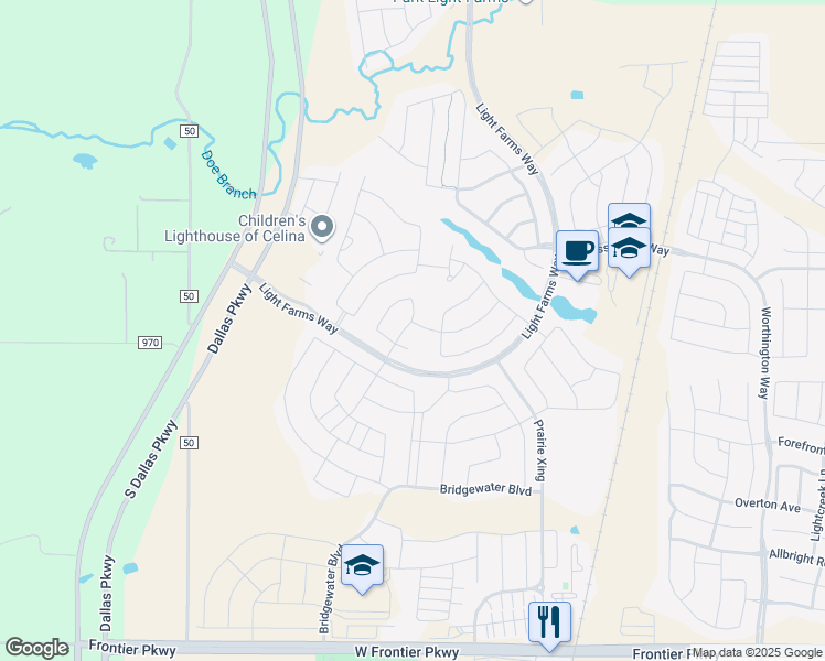 map of restaurants, bars, coffee shops, grocery stores, and more near 1730 Cottonwood Drive in Prosper