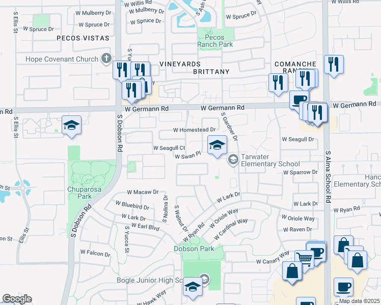 map of restaurants, bars, coffee shops, grocery stores, and more near 1638 West Swan Place in Chandler