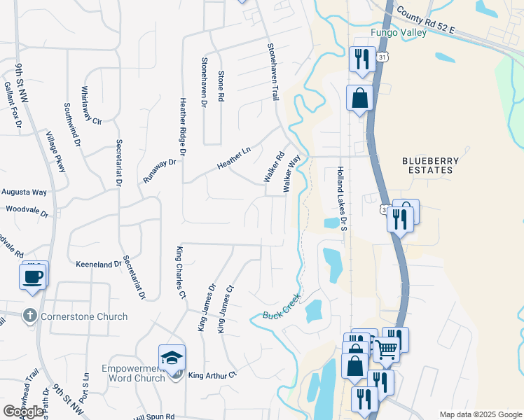map of restaurants, bars, coffee shops, grocery stores, and more near 205 Stonehaven Trace in Pelham