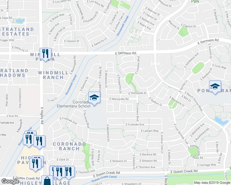 map of restaurants, bars, coffee shops, grocery stores, and more near 3652 East Stampede Drive in Gilbert