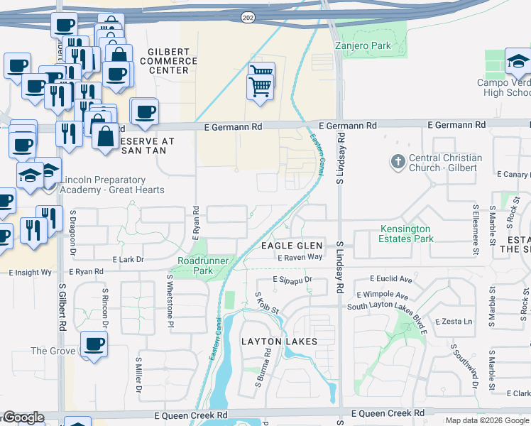 map of restaurants, bars, coffee shops, grocery stores, and more near 2300-2310 South Glen Drive in Chandler