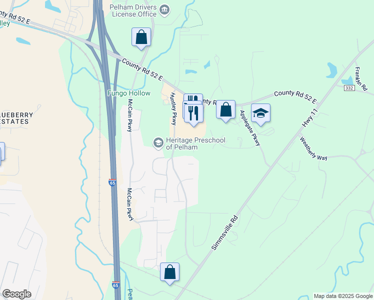 map of restaurants, bars, coffee shops, grocery stores, and more near 600-698 Huntley Parkway in Pelham