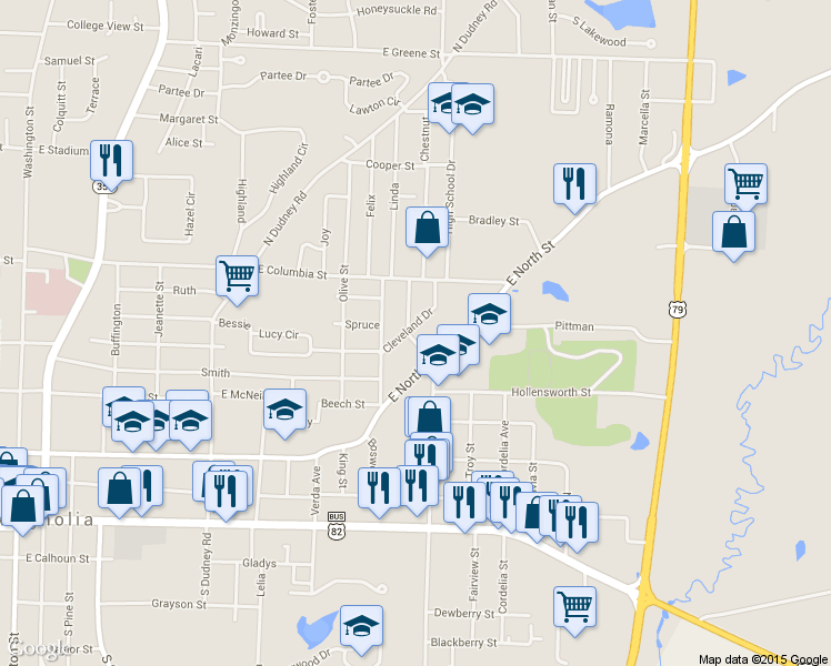 map of restaurants, bars, coffee shops, grocery stores, and more near 1205 Cleveland Street in Magnolia