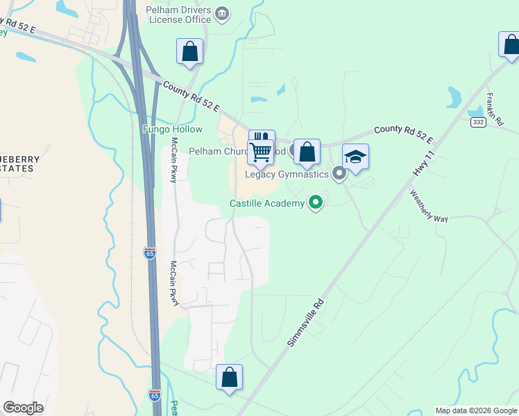 map of restaurants, bars, coffee shops, grocery stores, and more near 600-698 Huntley Parkway in Pelham