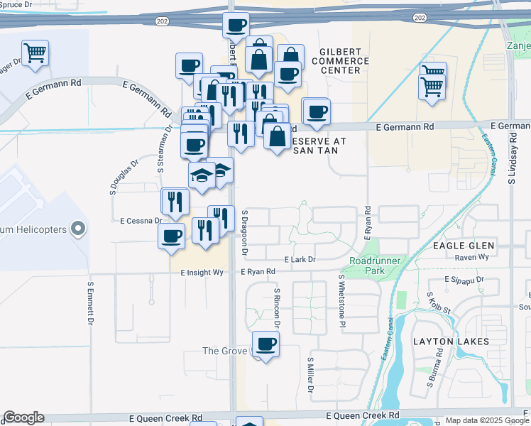 map of restaurants, bars, coffee shops, grocery stores, and more near 3077 East Kingbird Place in Chandler