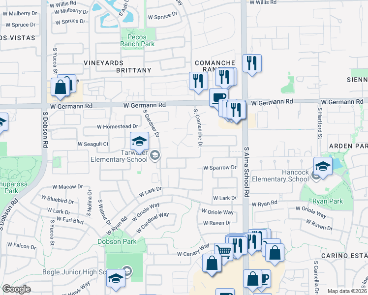 map of restaurants, bars, coffee shops, grocery stores, and more near 1313 West Swan Court in Chandler