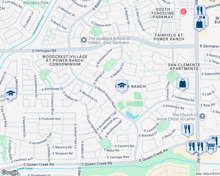 map of restaurants, bars, coffee shops, grocery stores, and more near 4321 South Splendor Place in Gilbert