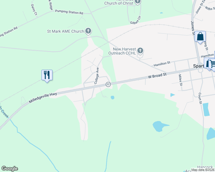 map of restaurants, bars, coffee shops, grocery stores, and more near 11804 Georgia 22 in Sparta