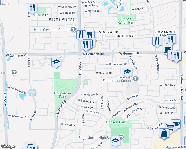 map of restaurants, bars, coffee shops, grocery stores, and more near 1904 West Swan Drive in Chandler