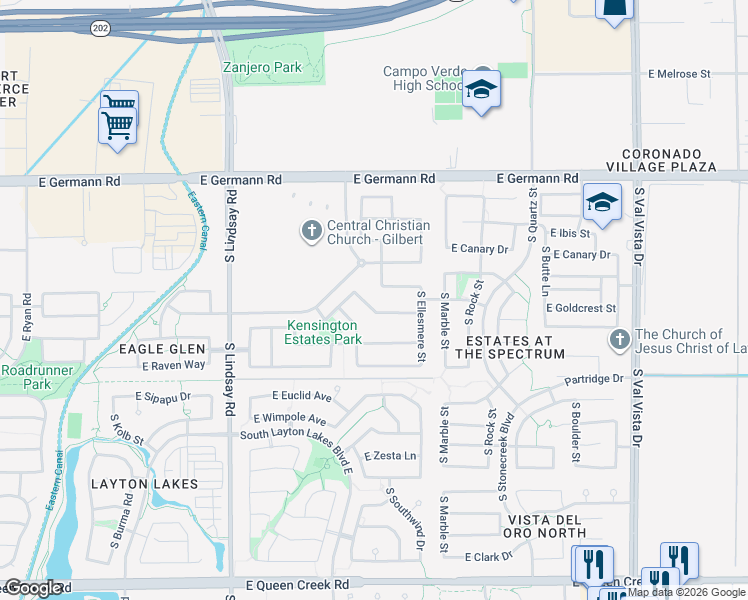 map of restaurants, bars, coffee shops, grocery stores, and more near 1076 East Kensington Road in Gilbert