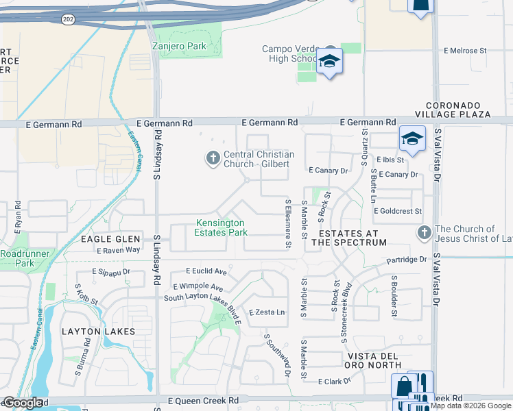 map of restaurants, bars, coffee shops, grocery stores, and more near 1076 East Kensington Road in Gilbert