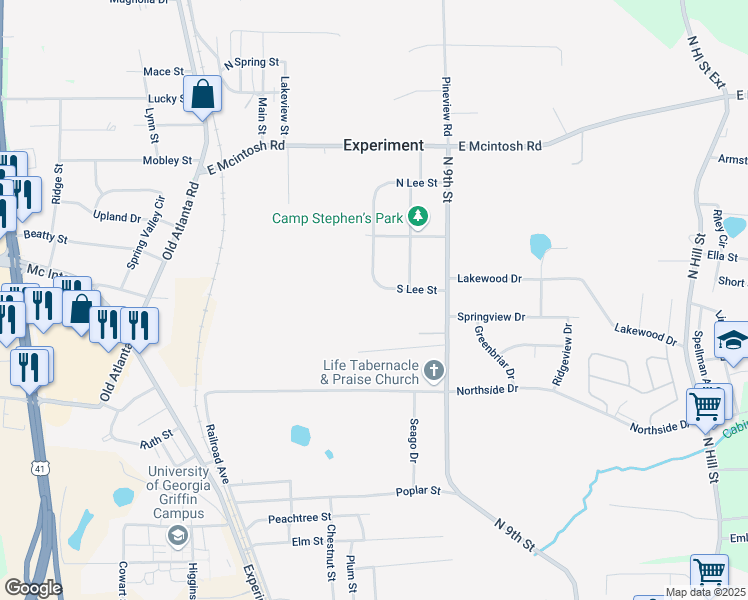 map of restaurants, bars, coffee shops, grocery stores, and more near 1317 South Lee Street in Griffin
