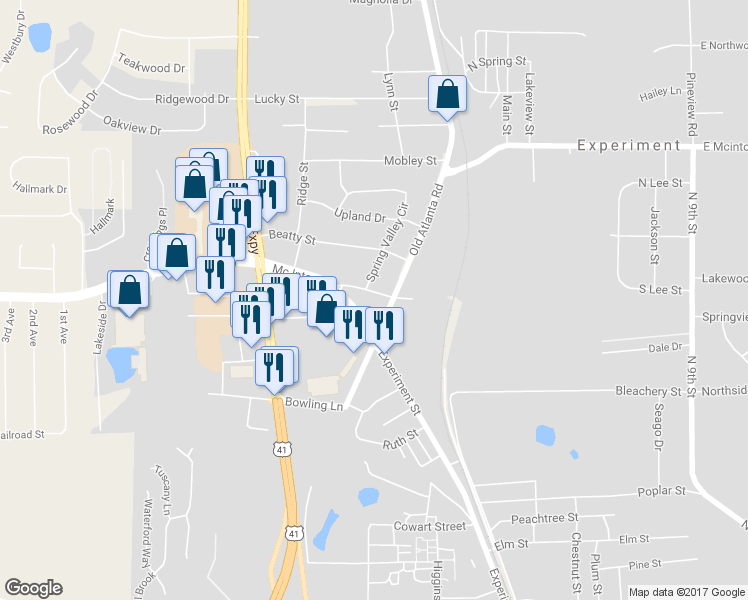 map of restaurants, bars, coffee shops, grocery stores, and more near 1412 Tower Street in Griffin