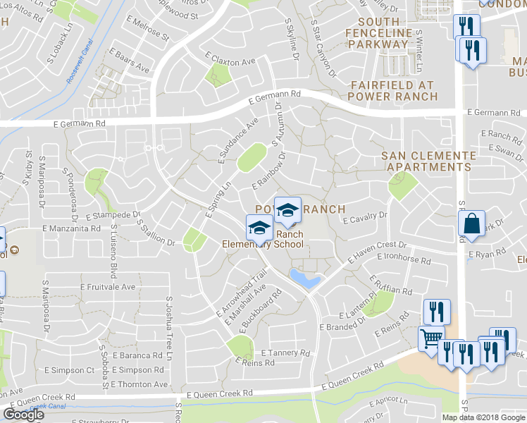 map of restaurants, bars, coffee shops, grocery stores, and more near 4332 South Shady Court in Gilbert